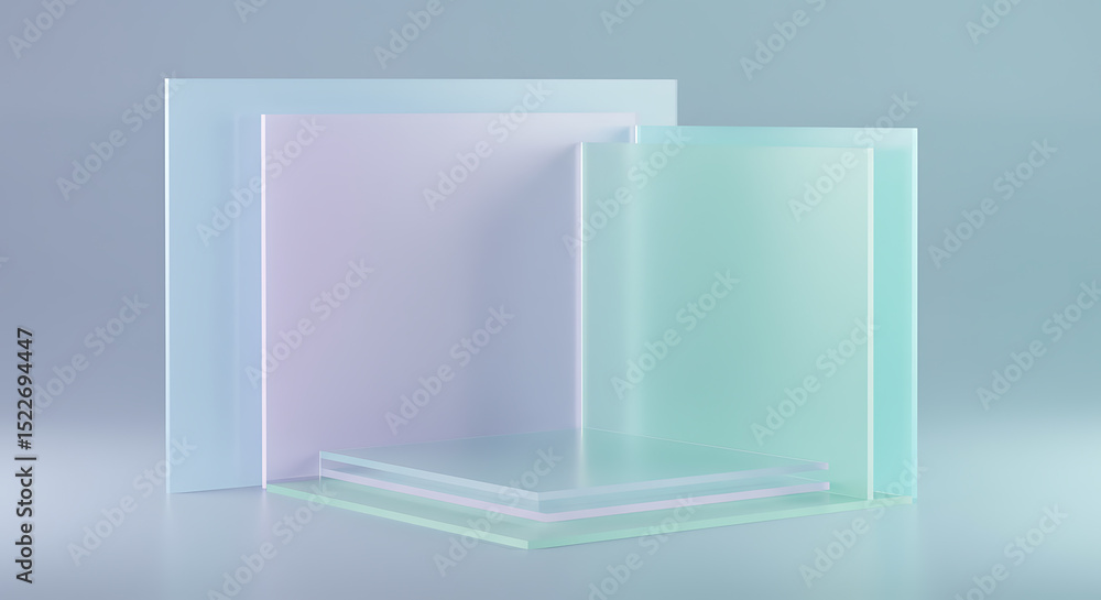 Abstract 3D product display podium. Pastel iridescent frosted glass panels (blue, green, purple) in layered geometric design. Modern minimalist scene for mockup, presentation. Soft light, empty space. Abstract 3D product display podium. Pastel iridescent frosted glass panels (blue, green, purple) in layered geometric design. Modern minimalist scene for mockup, presentation. Soft light, empty space.