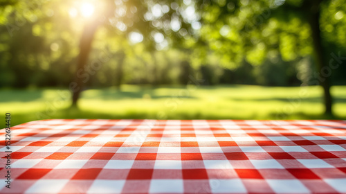 A checkered tablecloth with a red and white checkered pattern. The table is empty and has a view of a lush green field