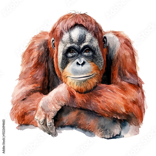 Orangutan, watercolor clipart vector, high quality, isolated on a white background.