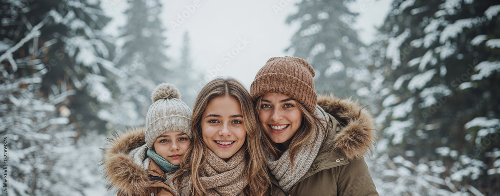 Obraz premium Happy Family Winter Portrait in Snowy Forest