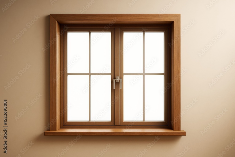 Fototapeta premium Wooden frame window with closed glass panes on beige wall background, minimalistic bright light interior concept, clean graphic style.