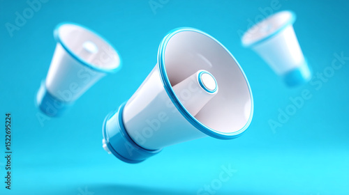 Many white megaphones fall on a blue background