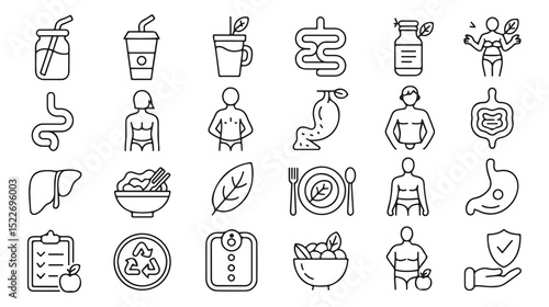 Healthy lifestyle and digestive system concept icons illustrating body wellness and nutrition.