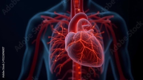 A medical diagram of Angina pectoris, depicted with vibrant, glowing arteries against a dark, anatomical background