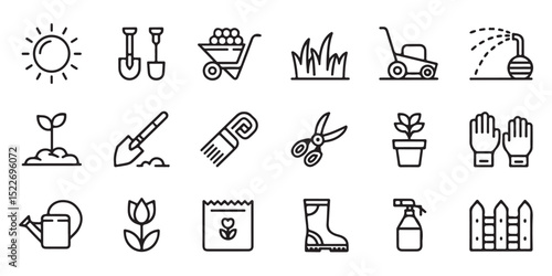 Gardening tools and equipment icons collection in modern minimalist line art style