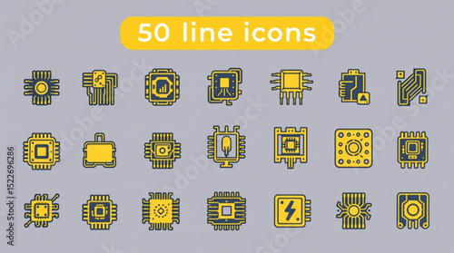 Collection of twenty distinct yellow and blue computer chip line icons on a gray background created with generated ai