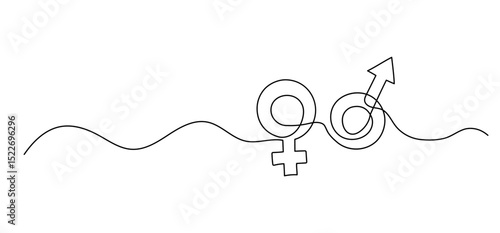 Gender symbol one line drawing, man and woman icon continuous outline isolated sketch, concept of balance