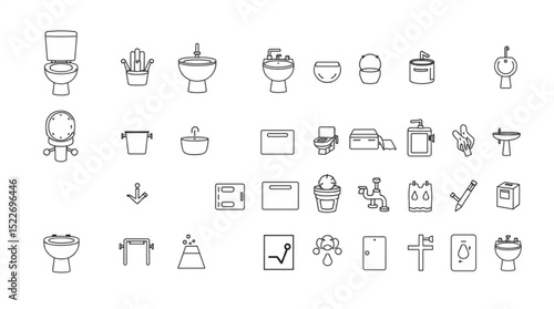 Collection of various bathroom fixtures and household objects represented as line art illustrations created with generated ai