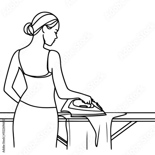 Woman ironing clothes at home in a minimalist outline vector style  
