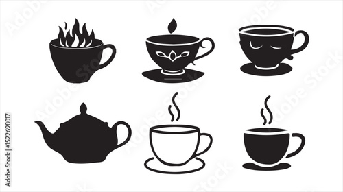 Teapots and Cups Silhouette Icon Set – Black Vector Illustration of Tea Serving. Victor illustration eps 10