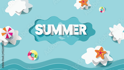 Dive into the Summer Spirit with Playful Beach Elements and the Word Summer Floating on a Teal Sea