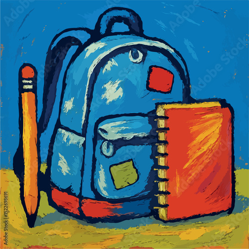 Backpack and school supplies with blue background painting style | back to school