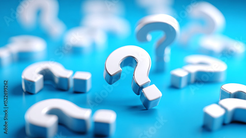 Many white question marks fall on a blue background 
