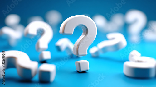 Many white question marks fall on a blue background 