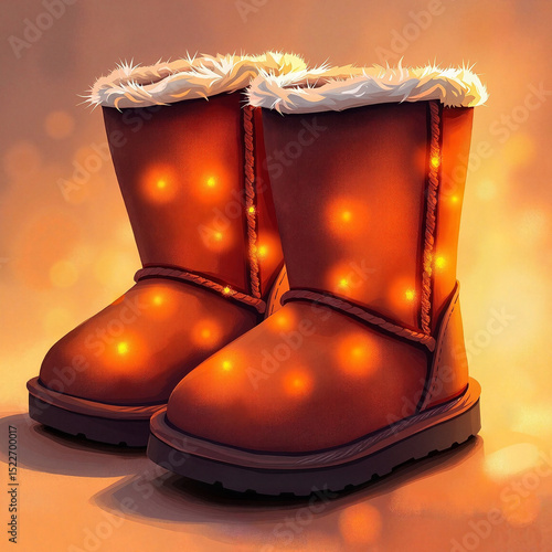 Cozy illuminated winter boots with fur trim on a soft background  