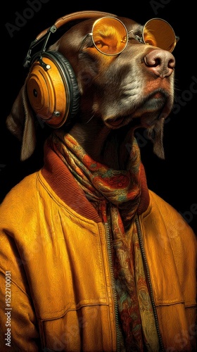 Stylish dog wearing sunglasses and headphones in a vibrant outfit, showcasing a confident demeanor