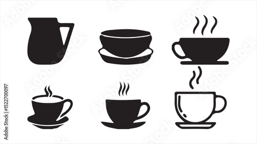 Teapots and Cups Silhouette Icon Set – Black Vector Illustration of Tea Serving. Victor illustration eps 10