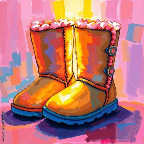 Cozy orange winter boots with faux fur against colorful backdrop  
