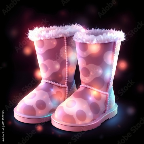 Colorful winter boots with fur accents against a dark background  
