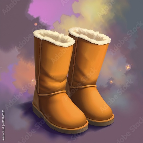 Warm orange winter boots with fluffy lining on colorful background  