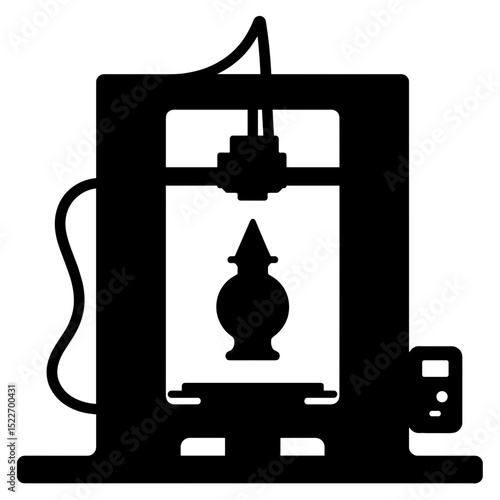 Silhouette of resin 3D printer with suspended model, high-resolution fabrication