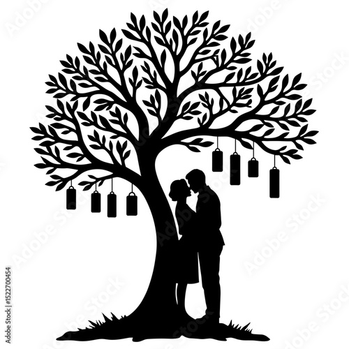 Silhouette couple under wish tree with hanging messages, romantic symbolism