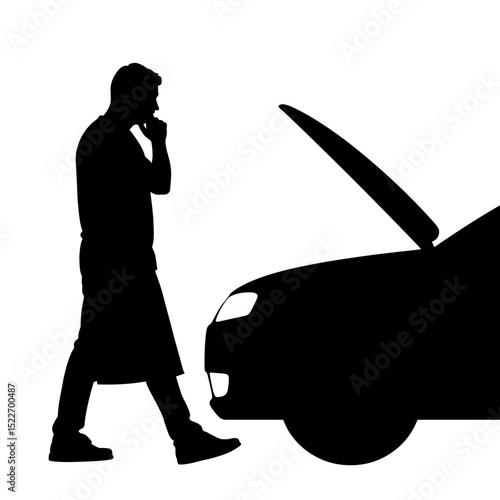 Silhouette of person on phone beside car with open hood, roadside assistance