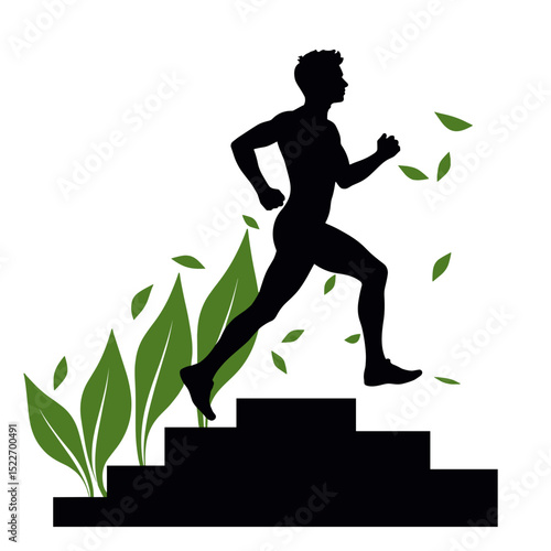 Silhouette of runner on stairs with leaf trail, plant-based endurance performance