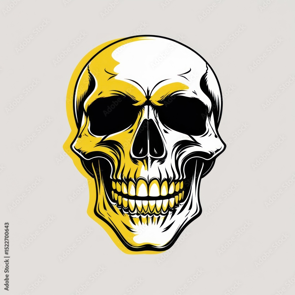 Fototapeta premium Detailed graphic skull, smiling, with yellow border