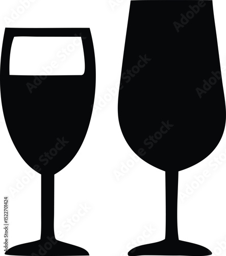 A pair of simple black silhouette wine glass icons one partially filled one empty