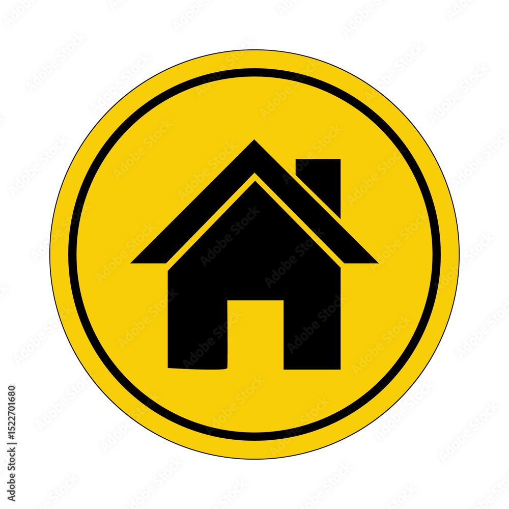 Real estate. Residential area. House. Yellow circle sticker. Warning icon. Sign yellow. Circle label. Real estate. Residential area. House. Yellow circle sticker. Warning icon. Sign yellow. Circle label.