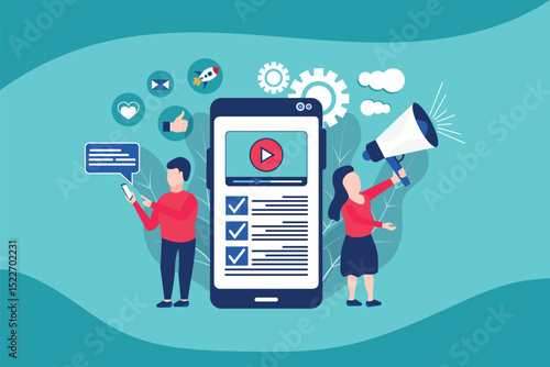 Video on mobile screen video sharing and marketing vector concept