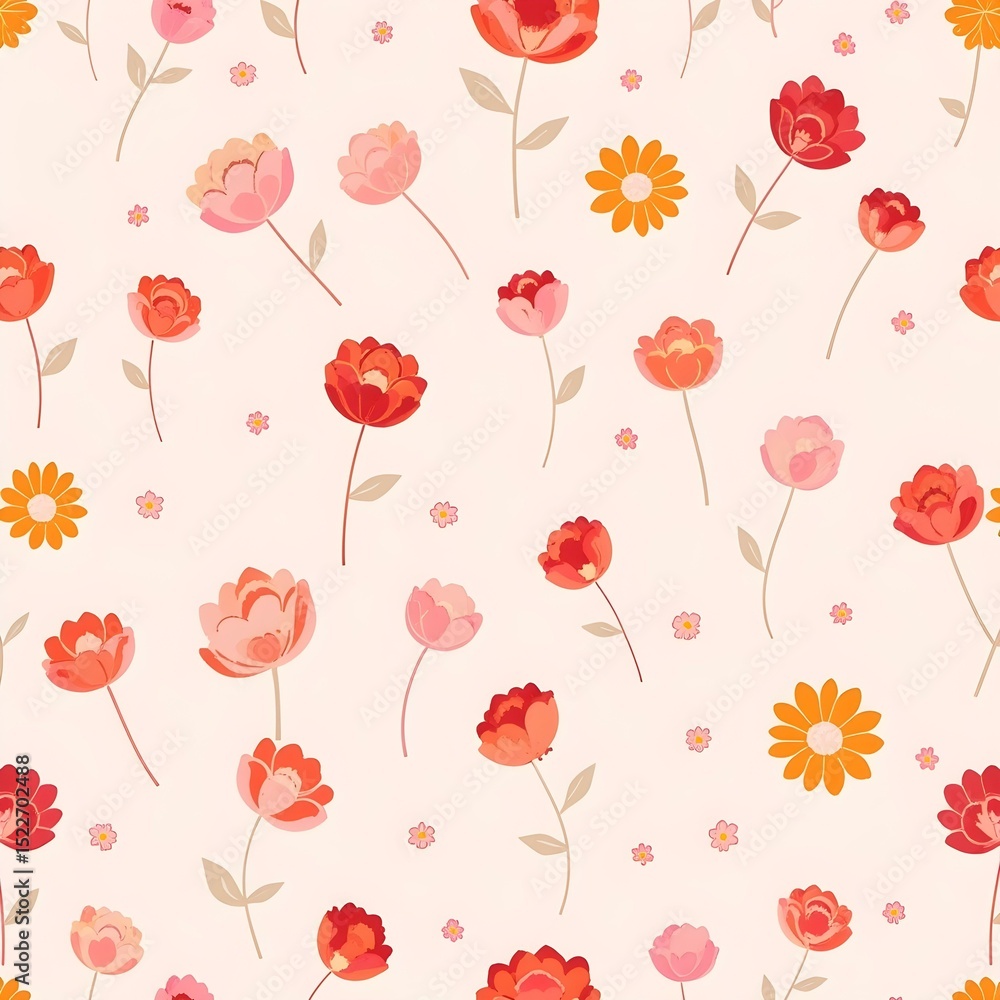 Fototapeta premium Seamless pattern of tiny red flowers in various shades and species