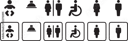 restroom, toilet, bathroom, gender, male, female, boy, girl, baby, changing station, shower, accessible, wheelchair, disability, sign, symbol, icon, pictogram, vector, black, white, isolated, set, col