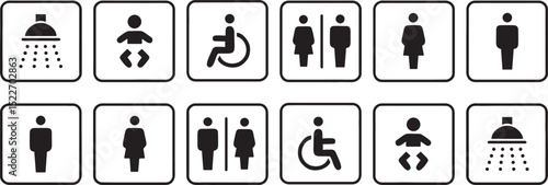 Bathroom, restroom, toilet, men, women, unisex, shower, accessibility, baby changing, wheelchair, disabled, accessible, icon, sign, symbol, signage, vector, graphic, black and white, design, illustrat