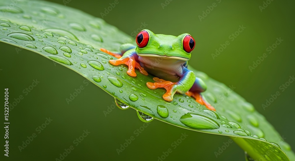 Obraz premium Vibrant Red-Eyed Tree Frog on Dew-Covered Leaf