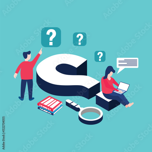 Businesspeople ask question and give answer symbolizing teamwork and problem solving through FAQ discussion