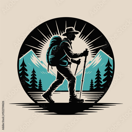 Retro Mountain Hiker Adventure Vector Illustration