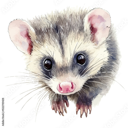 watercolor vector of Opossum Close Up, high quality, isolated on a white background.