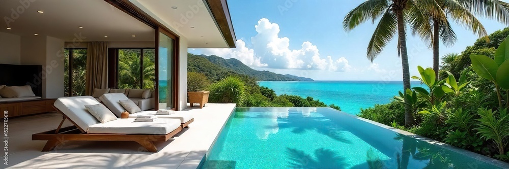 Fototapeta premium Luxury villa with private pool, stunning ocean views, spacious living area, and lush tropical gardens Perfect for a relaxing getaway , furniture, idyllic