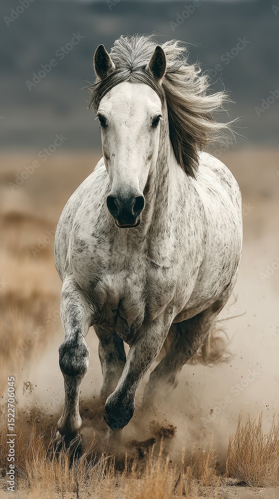 Fototapeta premium Majestic white horse runs freely across a vast field with dust swirling around its hooves during golden hour