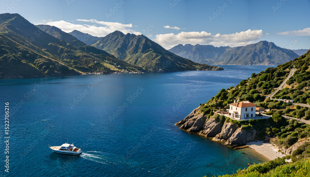 Obraz premium Le paysage de bord de mer avec un bateau blanc en arrière-plan.