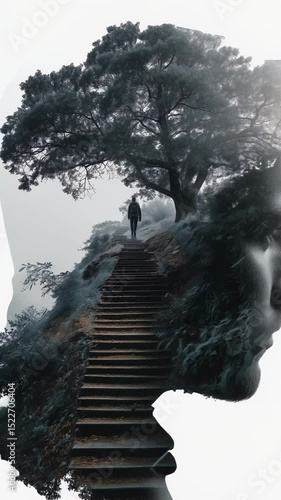 Double Exposure of a Man Walking Up Stairs Surrounded by Nature