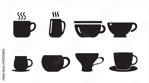 Teapots and Cups Silhouette Icon Set – Black Vector Illustration of Tea Serving. Victor illustration eps 10