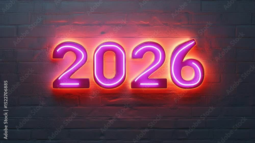 Bright Neon Year 2026 Numbers Glowing Against Dark Brick Wall Bright Neon Year 2026 Numbers Glowing Against Dark Brick Wall
