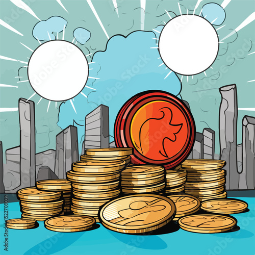 Illustration of Saving Money with Cartoon Coins on Comic Lines Background