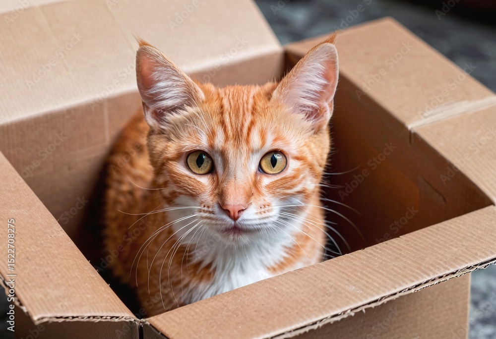 Fototapeta premium Portrait of a funny little orange cat looking out of the box with copy space