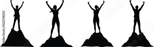 Victory silhouttes of person, man, woman standing on mountain peak, for motivation, leadership, and goal-setting visuals