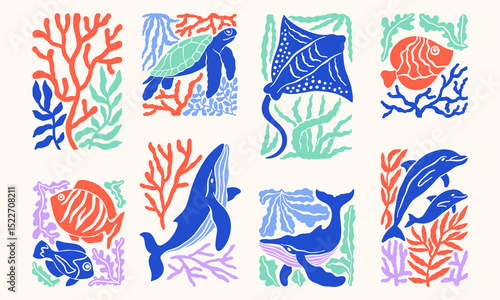 Underwater ocean animals bright simple illustrations set. Sea turtle, stingray, whales, dolphins, fishes, seaweeds, corals vector prints