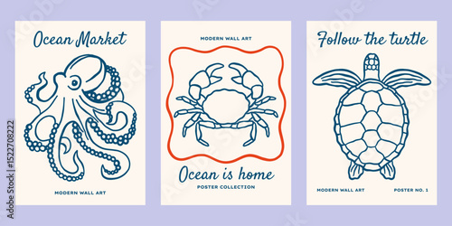 Ocean animals vector posters set. Minimalist retro sea print designs with outline octopus, turtle, crab illustrations